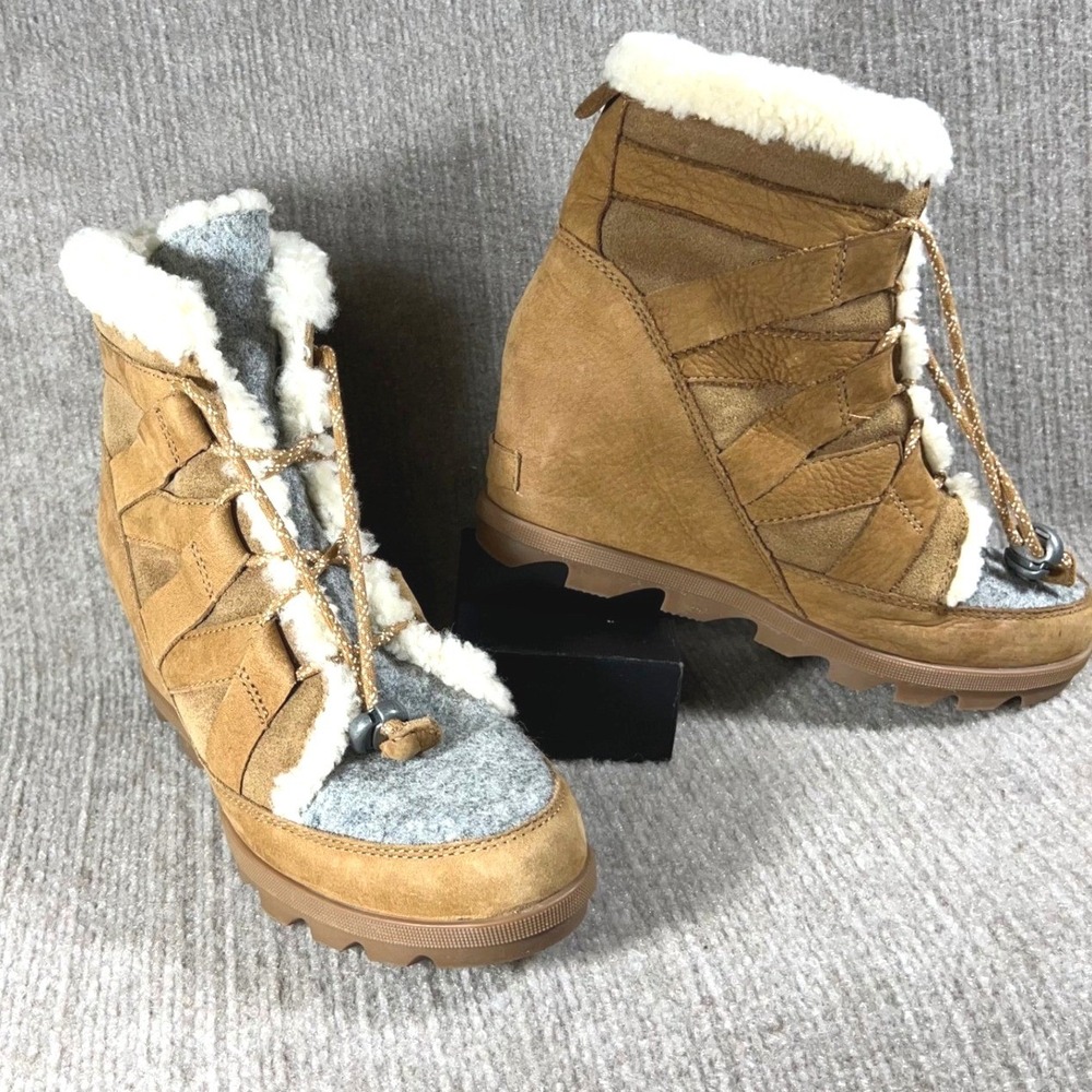 Sorel Joan Of Arctic Next Wedge Boots Womens 9.5 Tan Leather Sherpa Gorpcore